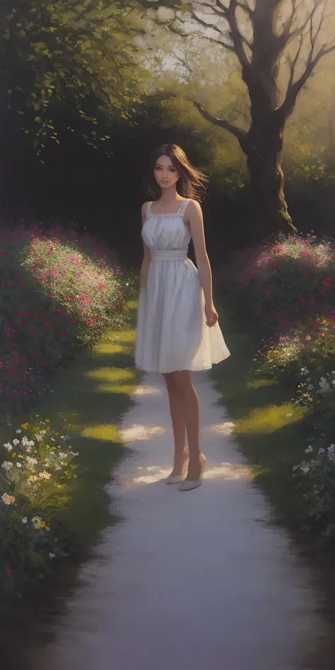 a girl in a garden, oil painting, soft brush strokes, vibrant colors, sunlight filtering through the trees, blooming flowers, lu...