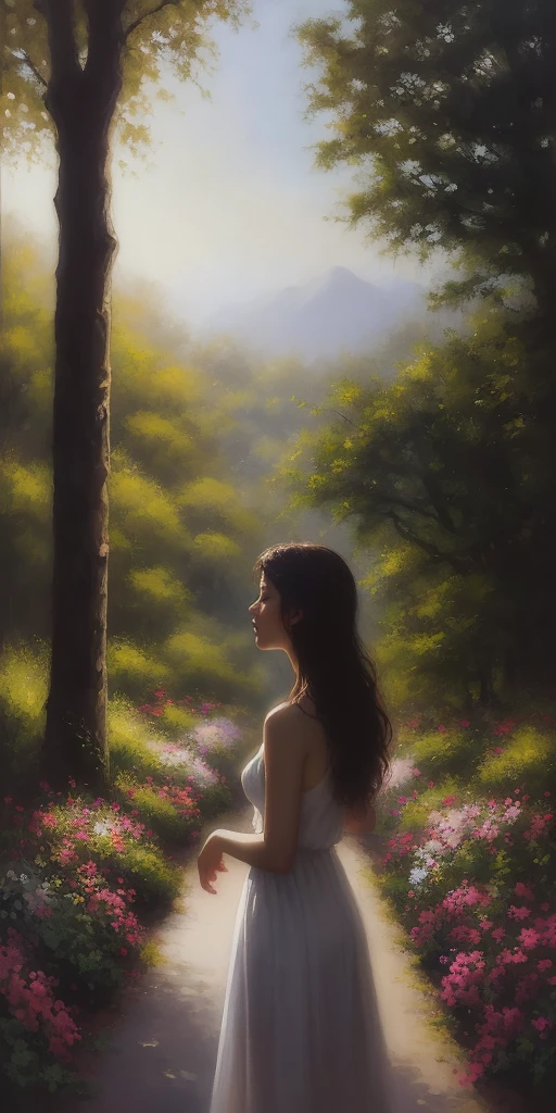 Una niña en un jardín., pintura al óleo, Pinceladas suaves, Colores vibrantes, luz del sol filtrándose a través de los árboles, Flores floreciendo, exuberante vegetación, suave brisa, atmósfera serena, peaceful setting, sombras moteadas, postura elegante, facciones delicadas, pelo que fluye, expresión relajada, calidad de ensueño, paleta de colores cálidos, iluminación natural