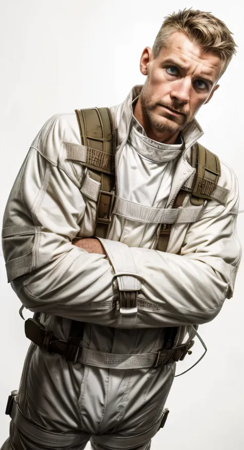 White strait jacket, crazy, mental patient, white background, looking off at a angle, male