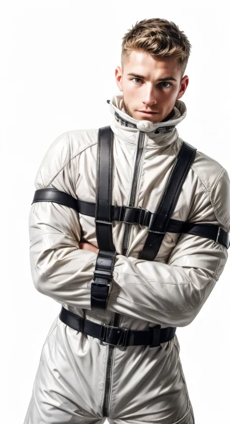 Guy in strait jacket, white background