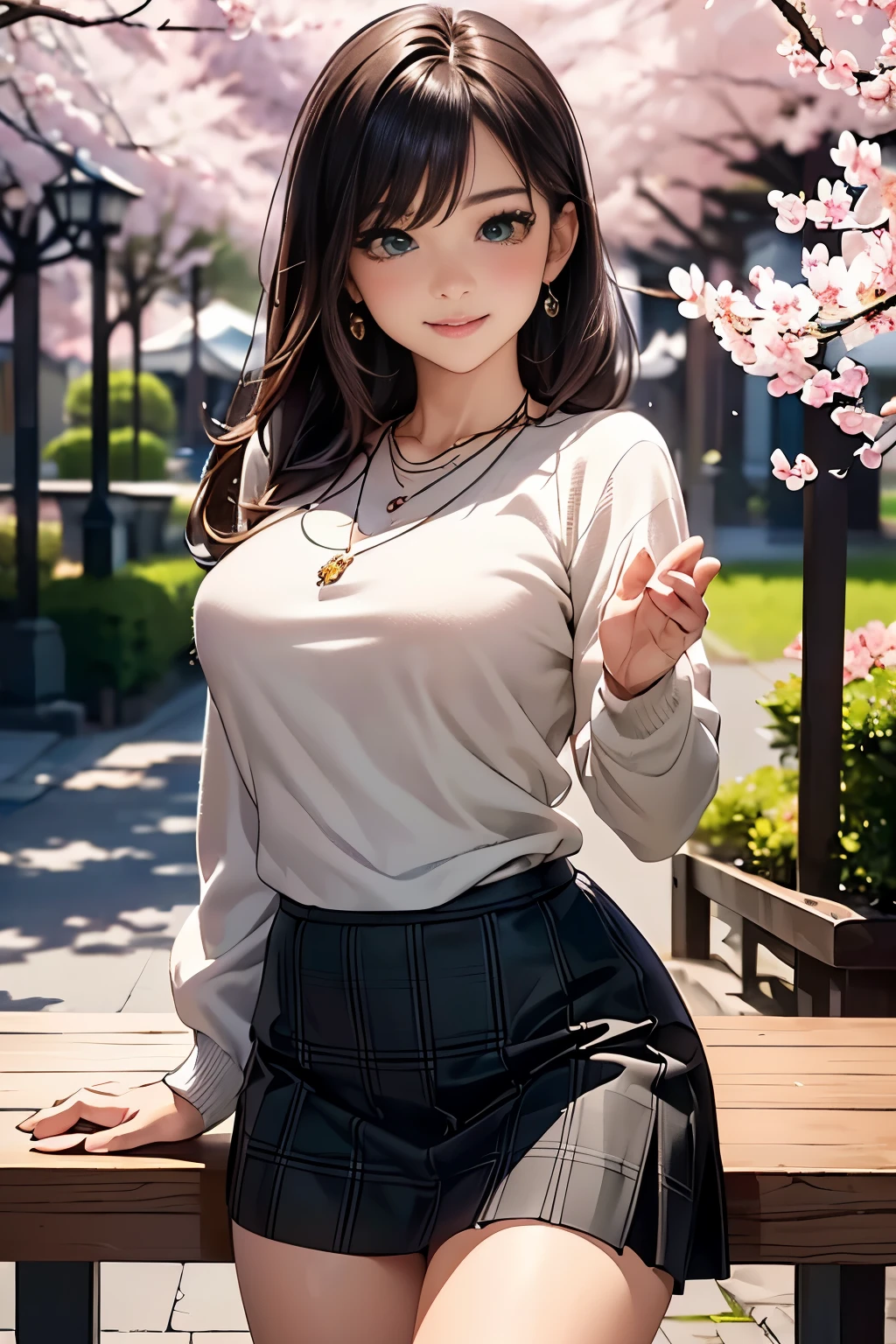 ((dessus de la table, la plus haute qualité, Haute résolution, nffsw, Pixel parfait, Profondeur de la limite écrite, 4K, nffsw, nffsw))), 1 fille, célibataire, seul, belle fille animée, beau style artistique, Personnage d&#39;Anime, ((cheveux longs, frange, cheveux bruns)), ((yeux verts:1.4, Yeux ronds, de beaux cils, réaliste eyes)), ((visage détaillé, Rougir:1.2)), ((texture lisse:0.75, réaliste texture:0.65, réaliste:1.1, style animé en images de synthèse)),  angle dynamique,  ((lancer, Pose de selfie, portrait)), ((pull noir, manche longue, jupe noire, jupe à carreaux, À la mode, 1 collier de diamants)), sourire,  parc d&#39;attractions, ((fleurs de cerisier, fleurs de cerisierの花が散る))