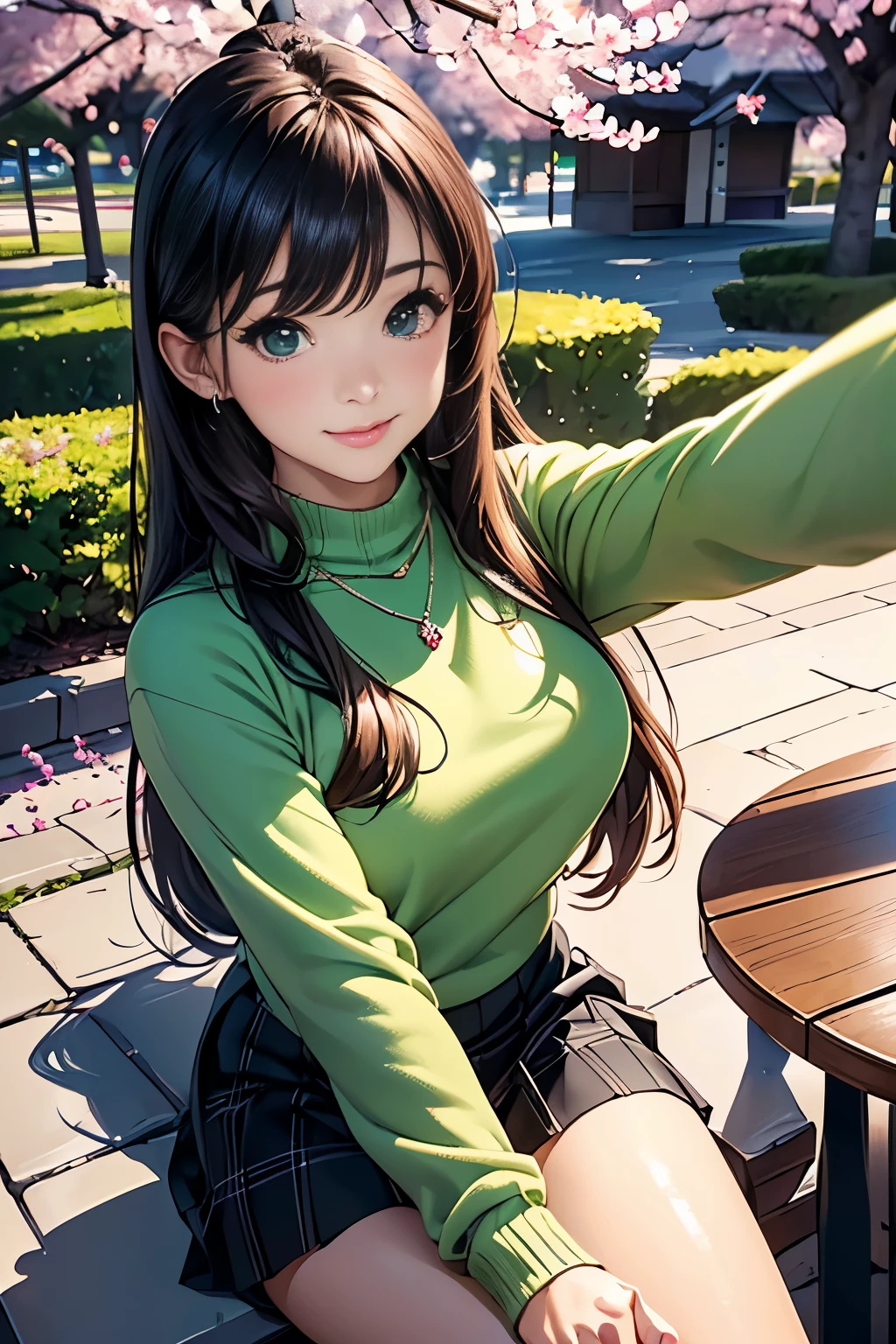 ((table top, highest quality, High resolution, nffsw, perfect pixel, written boundary depth, 4K, nffsw, nffsw))), 1 girl, single, alone, beautiful anime girl, beautiful art style, anime character, ((long hair, bangs, brown hair)), ((green eyes:1.4, round eyes, beautiful eyelashes, realistic eyes)), ((detailed face, blush:1.2)), ((smooth texture:0.75, realistic texture:0.65, realistic:1.1, Anime CG style)),  dynamic angle,  ((throw, Selfie Pose, portrait)), ((Black sweater, long sleeve, black skirt, plaid skirt, Fashionable, 1 diamond necklace)), smile,  amusement park, ((cherry blossoms, cherry blossomsの花が散る))