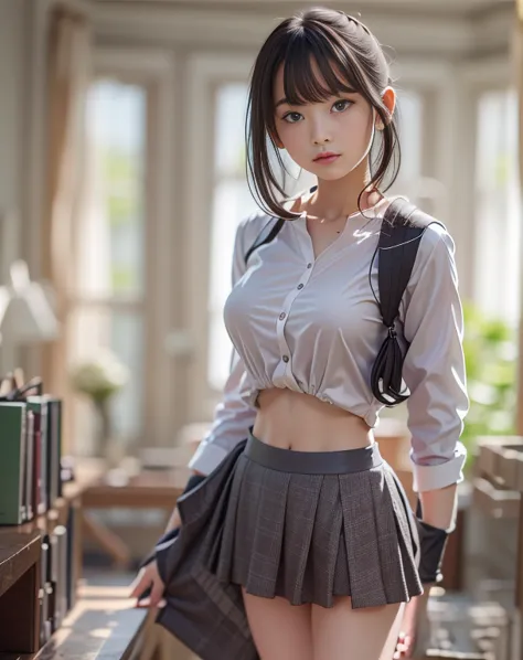 masterpiece , top quality , very detailed , 1 person, ((contrasting eyes)) , standing , blouse, skirt , bangs , room , indoor