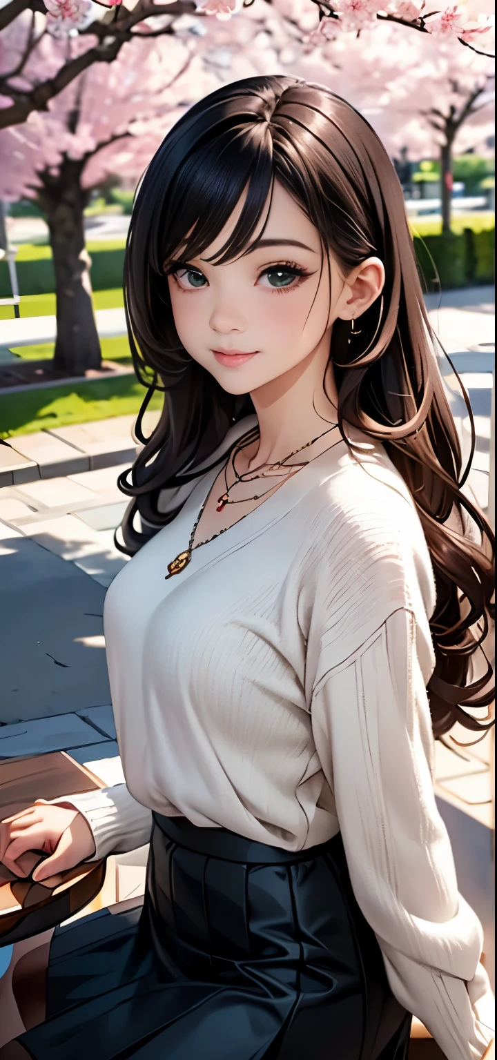 ((table top, highest quality, High resolution, nffsw, perfect pixel, written boundary depth, 4K, nffsw, nffsw))), 1 girl, single, alone, beautiful anime girl, beautiful art style, anime character, ((curl outward hair, bangs, brown hair)), ((green eyes:1.4, round eyes, beautiful eyelashes, realistic eyes)), ((detailed face, blush:1.2)), ((smooth texture:0.75, realistic texture:0.65, realistic:1.1, Anime CG style)),  dynamic angle, ((Black sweater, long sleeve, black skirt, plaid skirt, Fashionable, 1 diamond necklace)), smile,  amusement park, ((cherry blossoms, cherry blossomsの花が散る))
