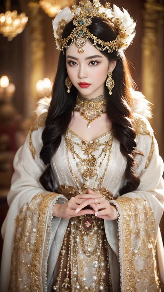 （（best qualtiy，8K，tmasterpiece：1.3，full body detailing，Photographic grade））， Costumes worn by ancient princesses in winter，Usually full of ornate and elegant details，Keep their image warm and noble。This is how ancient princesses looked in winter clothes、((full body view,full body photo,Full Body):1.5),(cute face,Description of makeup and costume details：

Clothing appearance：
The winter clothes of ancient princesses are designed to be exquisite and gorgeous，Usually made of silk、vellus hair、Made of expensive materials，Like damask  。They often wear robes or long skirts，Cover the whole body to keep warm。These garments often present ornate embroidery thread decoration and delicate embroidery，to show their nobility。Princesses also liked to wear fur shawls or Romanesque cloaks，These reinforce their majesty and mature image。

Makeup：
The makeup of ancient princesses focuses on sophistication and luster，Usually based on fair skin。They often wear light makeup，Highlight the contours of the eyes and lips，And use cosmetics containing pearlescent or gold elements to enhance the radiance of the face。Red lipstick and pink blush are often used to add a touch of glamour and vibrancy to their makeup。

Clothing details：
The details of the princess's costume show luxury and sophistication。They often wear valuable jewelry，For example, choker necklace、Earrings and bracelets，These jewels are usually made of gemstones、Made of pearls or precious metals。Ornaments often reflect their status and family heritage。

Clothing details are also important。Princess costumes often have ornate embroidery、Lace、Metal accents or beaded accents。They often wear wide sleeves、Streamlined or loose coat，Tunic treatment is performed on the waist，Accentuate elegant curves。The skirt may have multiple layers of fluffy yarn or pleats，Increase volume and romance。

generally，Ancient princess winter dress look、The makeup and costume details are full of gorgeous and romantic elements，Show their nobility and noble status。