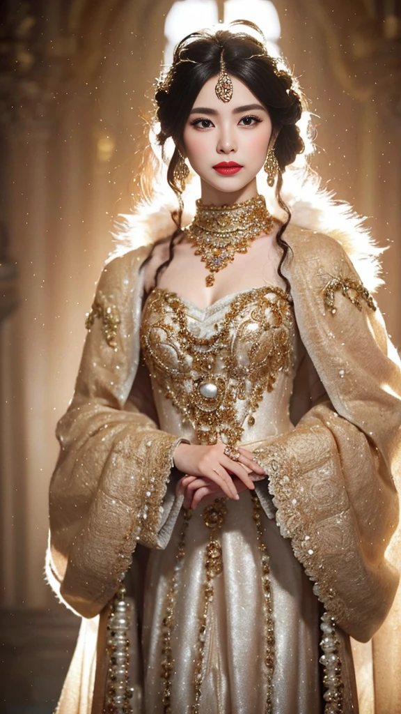 （（best qualtiy，8K，tmasterpiece：1.3，full body detailing，Photographic grade））， Costumes worn by ancient princesses in winter，Usually full of ornate and elegant details，Keep their image warm and noble。This is how ancient princesses looked in winter clothes、((full body view,full body photo,Full Body):1.5),(cute face,Description of makeup and costume details：

Clothing appearance：
The winter clothes of ancient princesses are designed to be exquisite and gorgeous，Usually made of silk、vellus hair、Made of expensive materials，Like damask  。They often wear robes or long skirts，Cover the whole body to keep warm。These garments often present ornate embroidery thread decoration and delicate embroidery，to show their nobility。Princesses also liked to wear fur shawls or Romanesque cloaks，These reinforce their majesty and mature image。

Makeup：
The makeup of ancient princesses focuses on sophistication and luster，Usually based on fair skin。They often wear light makeup，Highlight the contours of the eyes and lips，And use cosmetics containing pearlescent or gold elements to enhance the radiance of the face。Red lipstick and pink blush are often used to add a touch of glamour and vibrancy to their makeup。

Clothing details：
The details of the princess's costume show luxury and sophistication。They often wear valuable jewelry，For example, choker necklace、Earrings and bracelets，These jewels are usually made of gemstones、Made of pearls or precious metals。Ornaments often reflect their status and family heritage。

Clothing details are also important。Princess costumes often have ornate embroidery、Lace、Metal accents or beaded accents。They often wear wide sleeves、Streamlined or loose coat，Tunic treatment is performed on the waist，Accentuate elegant curves。The skirt may have multiple layers of fluffy yarn or pleats，Increase volume and romance。

generally，Ancient princess winter dress look、The makeup and costume details are full of gorgeous and romantic elements，Show their nobility and noble status。