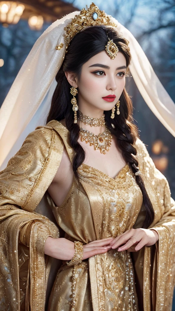 （（best qualtiy，8K，tmasterpiece：1.3，full body detailing，Photographic grade））， Costumes worn by ancient princesses in winter，Usually full of ornate and elegant details，Keep their image warm and noble。This is how ancient princesses looked in winter clothes、((full body view,full body photo,Full Body):1.5),(cute face,Description of makeup and costume details：

Clothing appearance：
The winter clothes of ancient princesses are designed to be exquisite and gorgeous，Usually made of silk、vellus hair、Made of expensive materials，Like damask  。They often wear robes or long skirts，Cover the whole body to keep warm。These garments often present ornate embroidery thread decoration and delicate embroidery，to show their nobility。Princesses also liked to wear fur shawls or Romanesque cloaks，These reinforce their majesty and mature image。

Makeup：
The makeup of ancient princesses focuses on sophistication and luster，Usually based on fair skin。They often wear light makeup，Highlight the contours of the eyes and lips，And use cosmetics containing pearlescent or gold elements to enhance the radiance of the face。Red lipstick and pink blush are often used to add a touch of glamour and vibrancy to their makeup。

Clothing details：
The details of the princess's costume show luxury and sophistication。They often wear valuable jewelry，For example, choker necklace、Earrings and bracelets，These jewels are usually made of gemstones、Made of pearls or precious metals。Ornaments often reflect their status and family heritage。

Clothing details are also important。Princess costumes often have ornate embroidery、Lace、Metal accents or beaded accents。They often wear wide sleeves、Streamlined or loose coat，Tunic treatment is performed on the waist，Accentuate elegant curves。The skirt may have multiple layers of fluffy yarn or pleats，Increase volume and romance。

generally，Ancient princess winter dress look、The makeup and costume details are full of gorgeous and romantic elements，Show their nobility and noble status。