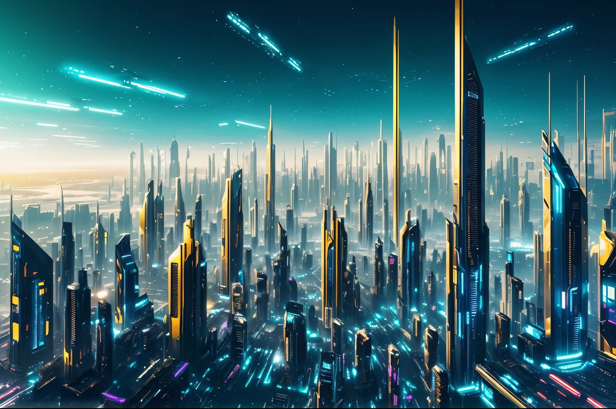 Futuristic city like cyber punk with golden and blue color