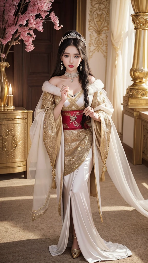 （（best qualtiy，8K，tmasterpiece：1.3，full body detailing，Photographic grade））， Costumes worn by ancient princesses in winter，Usually full of ornate and elegant details，Keep their image warm and noble。This is how ancient princesses looked in winter clothes、((full body view,full body photo,Full Body):1.5),(cute face,Description of makeup and costume details：

Clothing appearance：
The winter clothes of ancient princesses are designed to be exquisite and gorgeous，Usually made of silk、vellus hair、Made of expensive materials，Like damask  。They often wear robes or long skirts，Cover the whole body to keep warm。These garments often present ornate embroidery thread decoration and delicate embroidery，to show their nobility。Princesses also liked to wear fur shawls or Romanesque cloaks，These reinforce their majesty and mature image。

Makeup：
The makeup of ancient princesses focuses on sophistication and luster，Usually based on fair skin。They often wear light makeup，Highlight the contours of the eyes and lips，And use cosmetics containing pearlescent or gold elements to enhance the radiance of the face。Red lipstick and pink blush are often used to add a touch of glamour and vibrancy to their makeup。

Clothing details：
The details of the princess's costume show luxury and sophistication。They often wear valuable jewelry，For example, choker necklace、Earrings and bracelets，These jewels are usually made of gemstones、Made of pearls or precious metals。Ornaments often reflect their status and family heritage。

Clothing details are also important。Princess costumes often have ornate embroidery、Lace、Metal accents or beaded accents。They often wear wide sleeves、Streamlined or loose coat，Tunic treatment is performed on the waist，Accentuate elegant curves。The skirt may have multiple layers of fluffy yarn or pleats，Increase volume and romance。

generally，Ancient princess winter dress look、The makeup and costume details are full of gorgeous and romantic elements，Show their nobility and noble status。