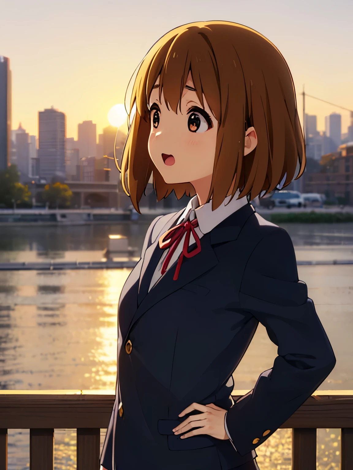 1girl, (((​masterpiece))), top-quality, top-quality, High Details, Hirasawa Yui, 1girl, Sakuragaoka High , student clothes, two yellow hairpin, short hair, A brown-haired, brown-eyed, solo, red glasses, reddish, Dark blue blazer with thin blue ribbon, Solid white buttoned shirt under blazer, full body, full image, illustratio, comic strip, soothing tones, Subdued Color, Soft cinematic light, adobe lightroom, photolab, HDR, intricately and hyper-detailed、(((depth of fields))))。(((​masterpiece)))。(((top-quality))).)((Ultra-detail)))。(((illustratio)))。(((takeout))).dynamic focus.big breasts.(((Skyscrapers))).(((A city scape))).(((Face of happiness))). open mouth.(((put hands on the hip))).(((up chest))).((afternoon glow)).((the setting sun)).