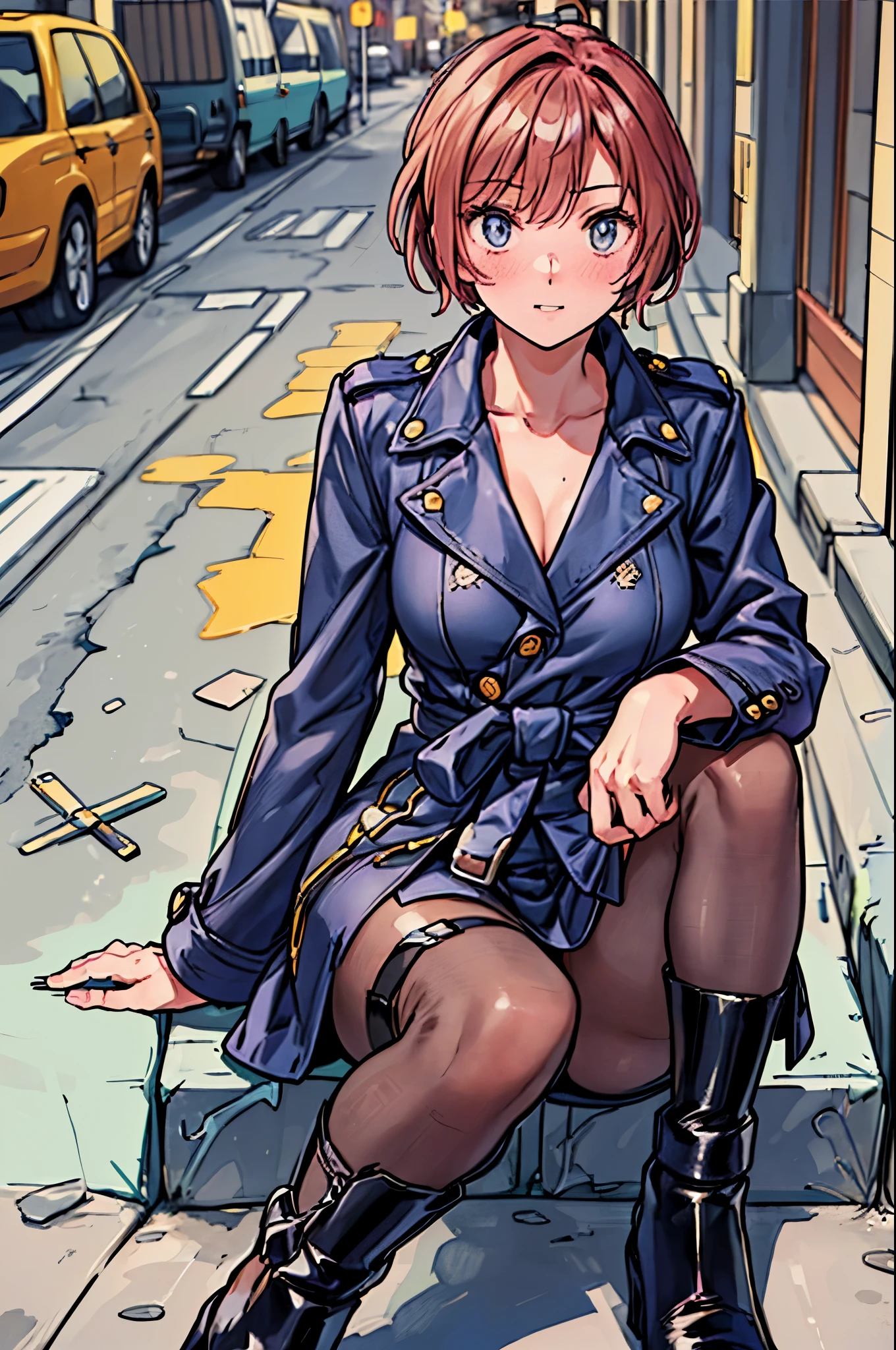 best quality,ultra-detailed,((full body)),((one boy)),((fem boy)),((trap))sitting,((short hair)),((man’s face)),((man’s body)),((dress up as a woman)),blush,flustred,((no breasts)),((trench coat)),((high-heel-long boots inblack)),vibrant colors,soft lighting,background:street