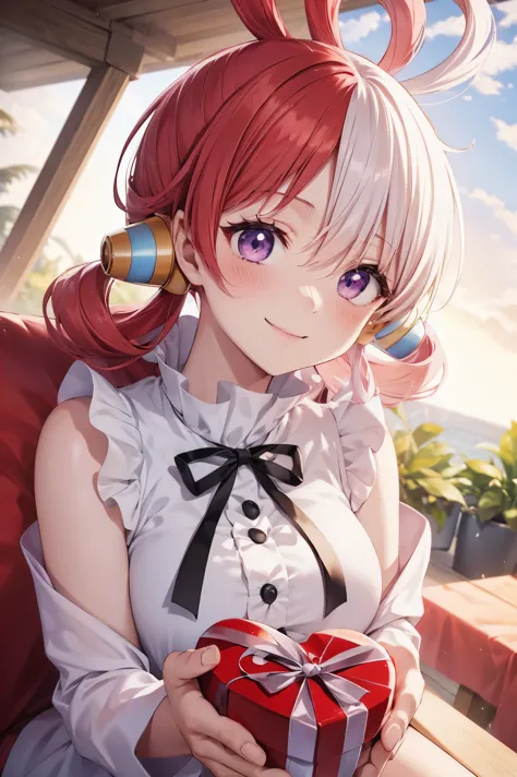 one piece　Song　pink and white hair, give a heart-shaped present, blush, best smile