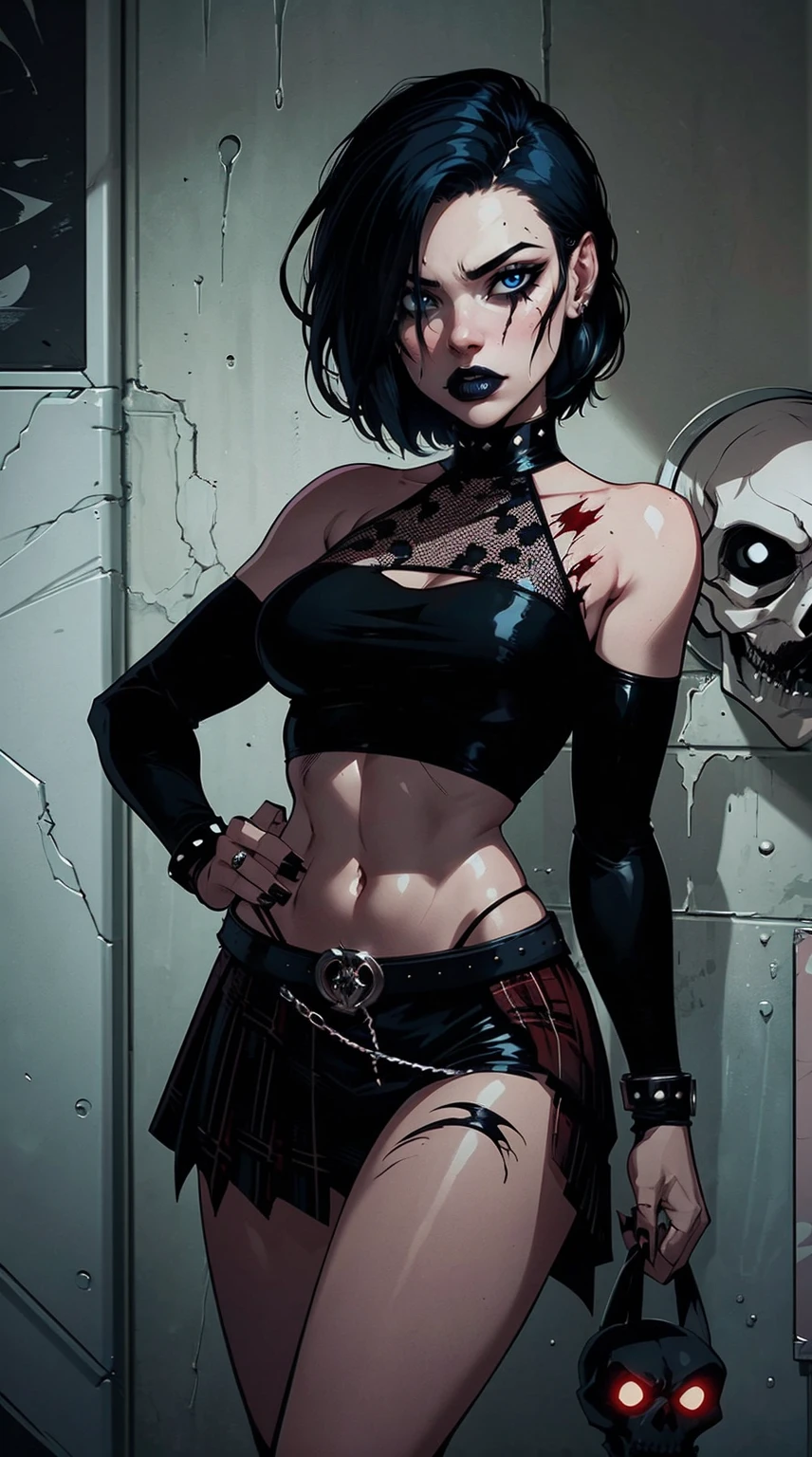 a woman with short black hair, hair on shoulders,  wearing a black cropped  and plaid skirt, blue eyes, zombie art, gothic art, cute aesthetic with vibe, toon aesthetic, wearing red costume, wearing gothic accessories, look like Cassie Hack, whole body, holding a skull in his hand, horror background