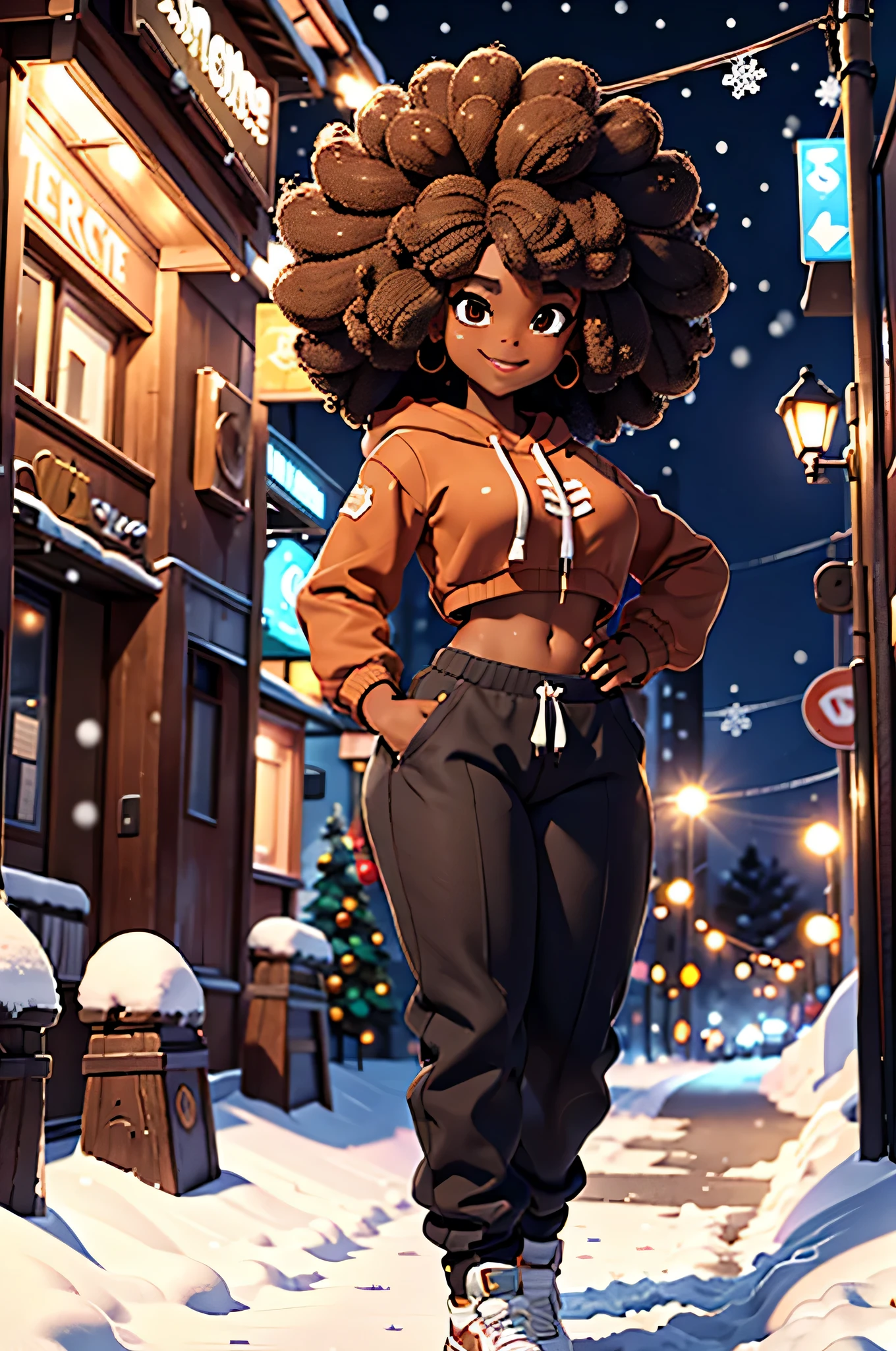 HD, dark skinned, young girl, age 8, humanoid, honey, brown eyes, (((brown eyes))), black afro hair, (((afro hair))), Jackie Parris, ((((Jackie Parris)))), full body cgsociety, 3 d character art, full character body, detailed full body concept, stylized character, erotica, ((young girl, 1girl, age 8)), ((complex detailed background, street, outside, day time, Christmas, snow)), chubby, small, short, action pose, smiling, Christmas, wearing hoodie and sweat pants, snow