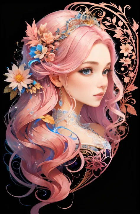 （（18 year old beautiful princess）），（She has long flowing pink hair），（bright beautiful eyes），Popular topics on Artstation，flower of hope，Super detailed，Crazy details, Astonishing, complicated, elite, Art Nouveau, A gorgeous one, fantastic，liquid wax, luxury...