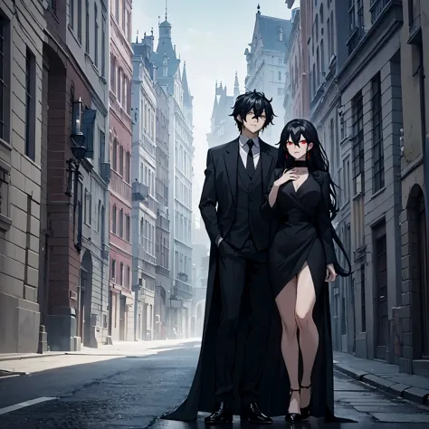 a man in a black suit together with his wife(red eye) in a white dress near a black luxury car in an empty city with several bui...