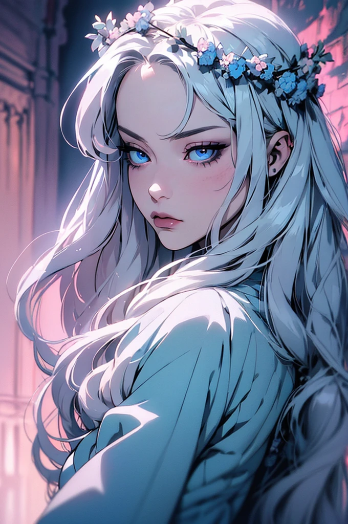 hyper-realistic  of a mysterious woman with flowing silver hair, piercing blue eyes, and a delicate floral crown, backwards, looking back, upper body