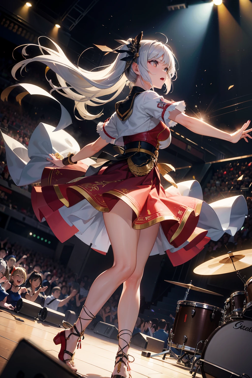 This illustration features a silver-haired girl with medium-length hair playing the drums on stage. She confidently swings the drumsticks, surrendering herself to the music. Her silver hair dances lightly as she exudes a vibrant and energetic presence while performing. The stage lighting illuminates her, and the cheers of the audience echo in the background. The illustration captures the magical moment when music fills the air through her drumming. Her passion and talent shine through the entire artwork, captivating the hearts of those who behold it.