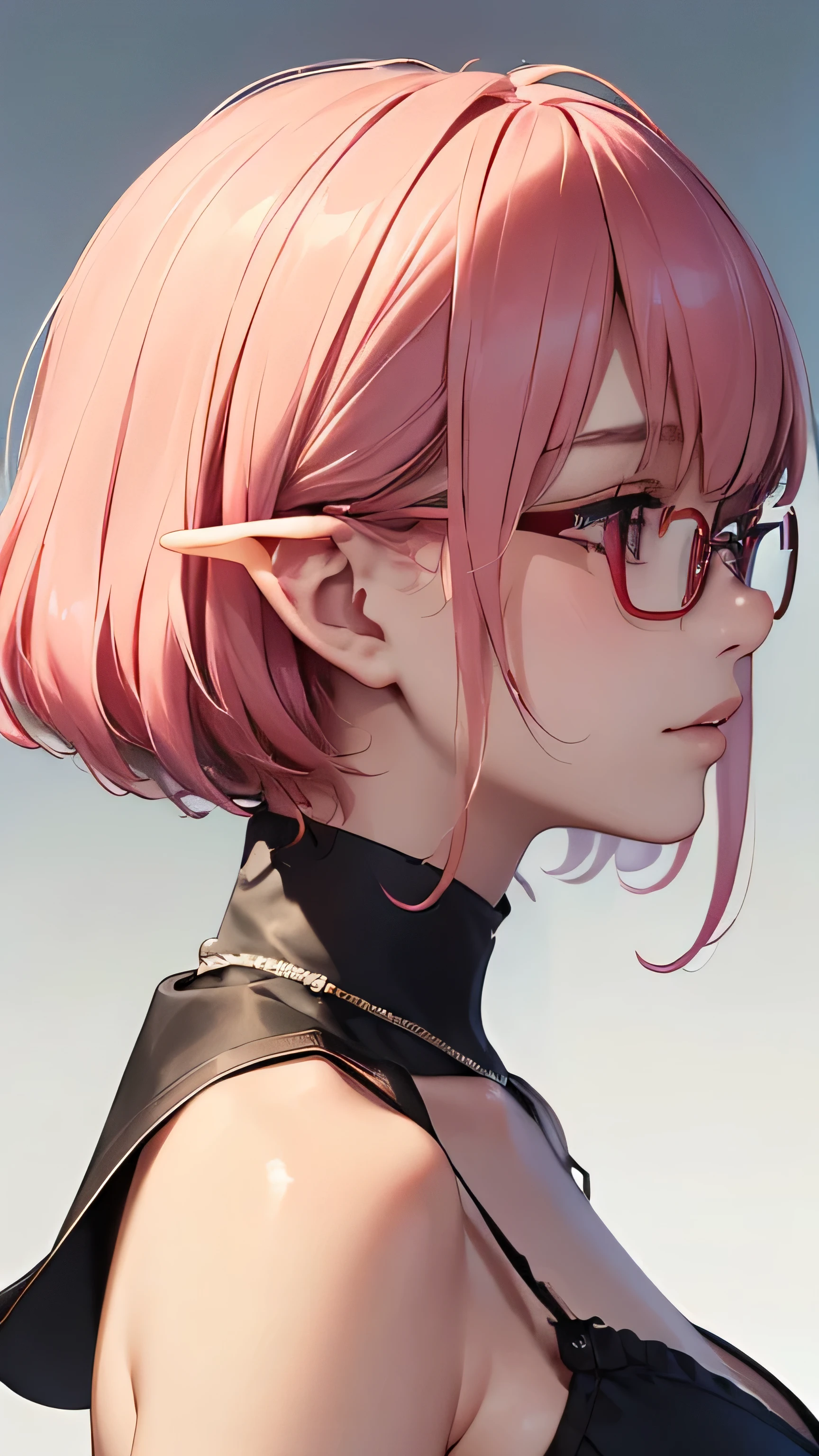 （plus size sleeveless camisole）（(((cell anime))))、(((profile)))、(((((21 years old、university student、big breasts、unparalleled beauty、beautiful face、Configuration))))(milky pink hair：1.5)short bob hair:1.2 、((thick red glasses with small frames:1.3)) 、magenta eyes、[elf ears:0.７]、formula art，Representative works，masterpiece、highest quality、official art、An illustration、High resolution, （(Upper body))（(From the side))