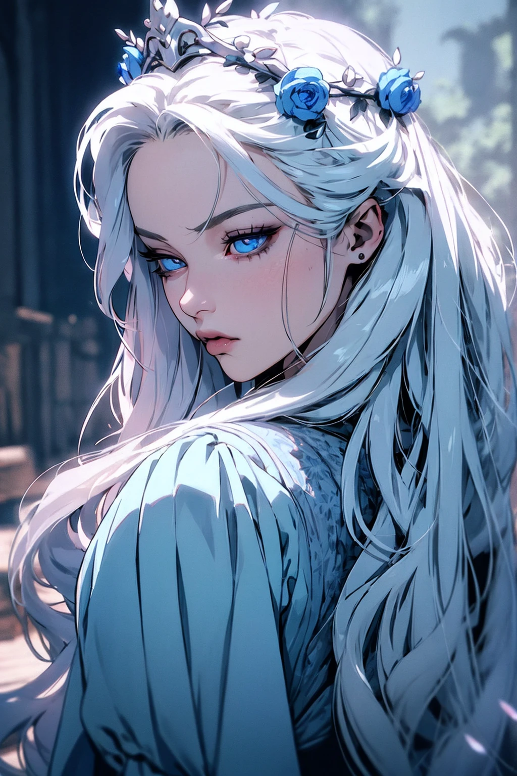 hyper-realistic  of a mysterious woman with flowing silver hair, piercing blue eyes, and a delicate floral crown, backwards, looking back, upper body