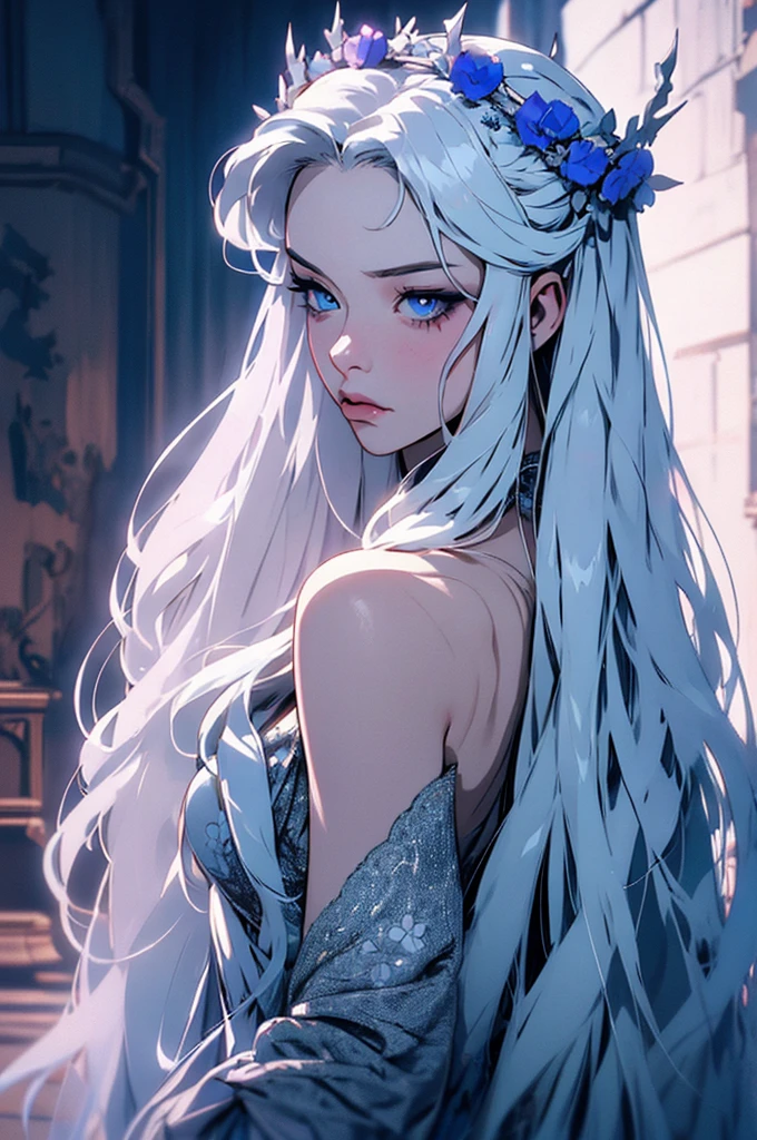 hyper-realistic  of a mysterious woman with flowing silver hair, piercing blue eyes, and a delicate floral crown, backwards, looking back, upper body