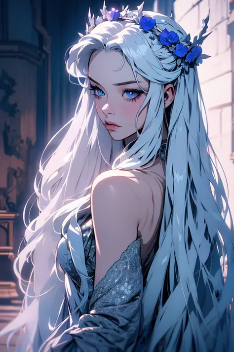 hyper-realistic  of a mysterious woman with flowing silver hair, piercing blue eyes, and a delicate floral crown, backwards, loo...
