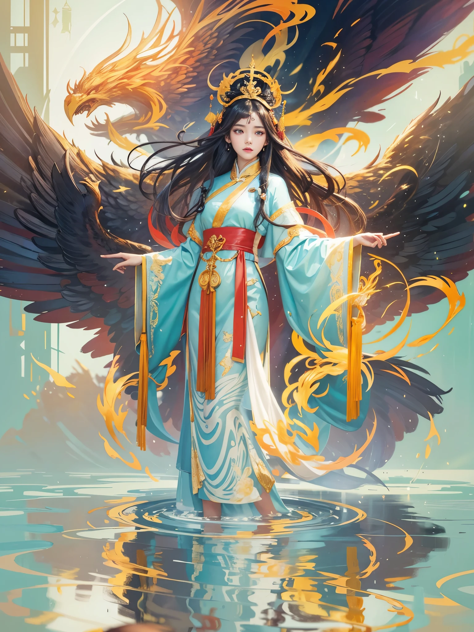 Beautiful Chinese girl standing on water, Fog reflection, A giant phoenix god bird floating in the sky, magic, fantasy, dynamic posture, Composed of colorful glowing flames, delicate face, delicate eyes, long black and golden hair, Wearing amber and sky blue han robes, Delicate and intricate patterns, ink painting, Golden Bronzing, magnificent composition, soft shadow, clean and sharp focus, Cinematography, Center configuration, poster design, film photography, panorama, 32k --v 6