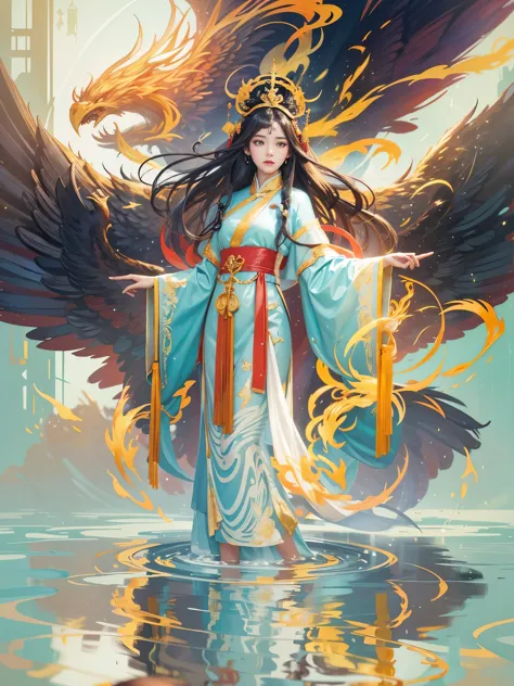 beautiful chinese girl standing on water, fog reflection, a giant phoenix god bird floating in the sky, magic, fantasy, dynamic ...