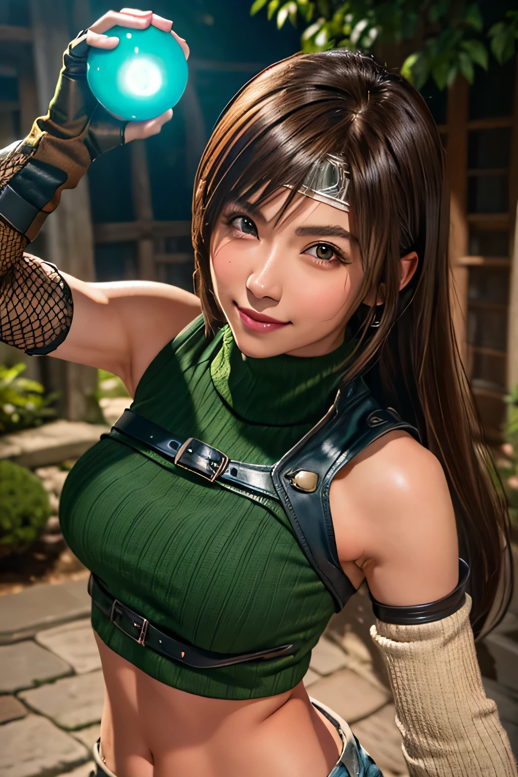 8K,top-quality,Real Image,intricate detailed, high resolution,Depth Field,master piece,natural soft light,professional lighting,1 girl ,beautiful European girve skin)), tanned skin,A detailed eyes,(Brown hair),long hair, Yuffie,Yuffi kisaragi,head band,a navel, Sleeveless, Green Turtleneck, sleeveless turtleneck, middle breasts, dynamic pose, holding blue materia(glowing orb), A smile, gloves, crop top, Brown hair, Shorts, Midriff, armor, Sweaters, Finger less gloves, Ribbed sweater, outside, japanesse village