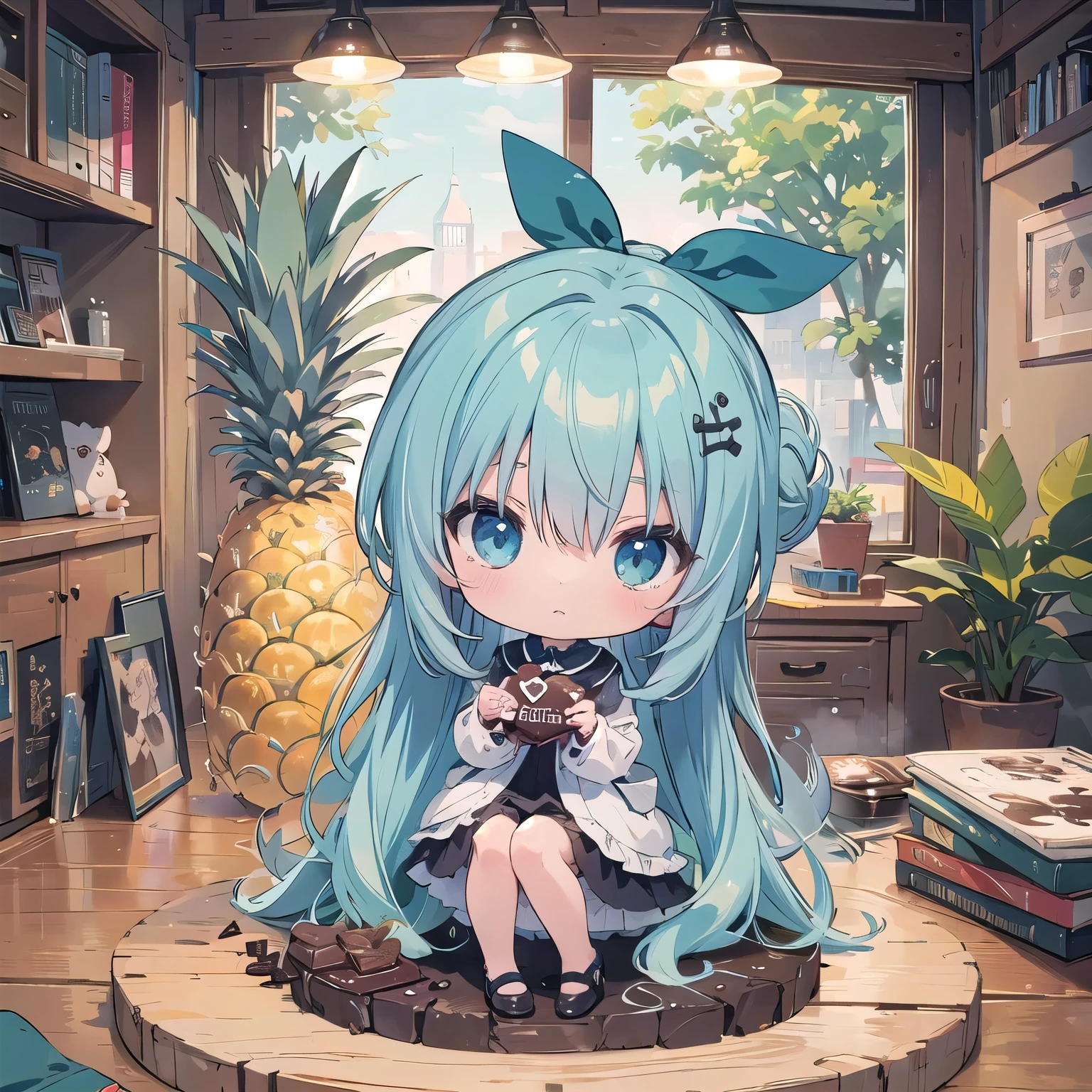 Anime girl with blue hair sitting on a table in a room - SeaArt AI