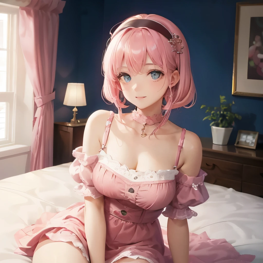 1 mulher na casa dos 20 anos　glamoroso　sentado na cama　fora do ombro　mini-saia　cor de cabelo rosa　arco de cabelo　sorriso gentil　cabelo meio longo　envergonhado