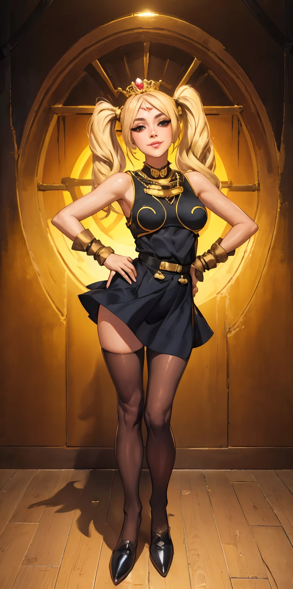 full body standing straight symmetrical, huge cowboy shot, solo 1MILF, lustful smirking smile face, looking at viewer, hands on hips, twintails, twin drills, dress, striped pantyhose, metal handcuffs on their hands with a black maetal slave collar around her neck, cowbell attached to the choker, sleeveless, black stockings, golden tiara
