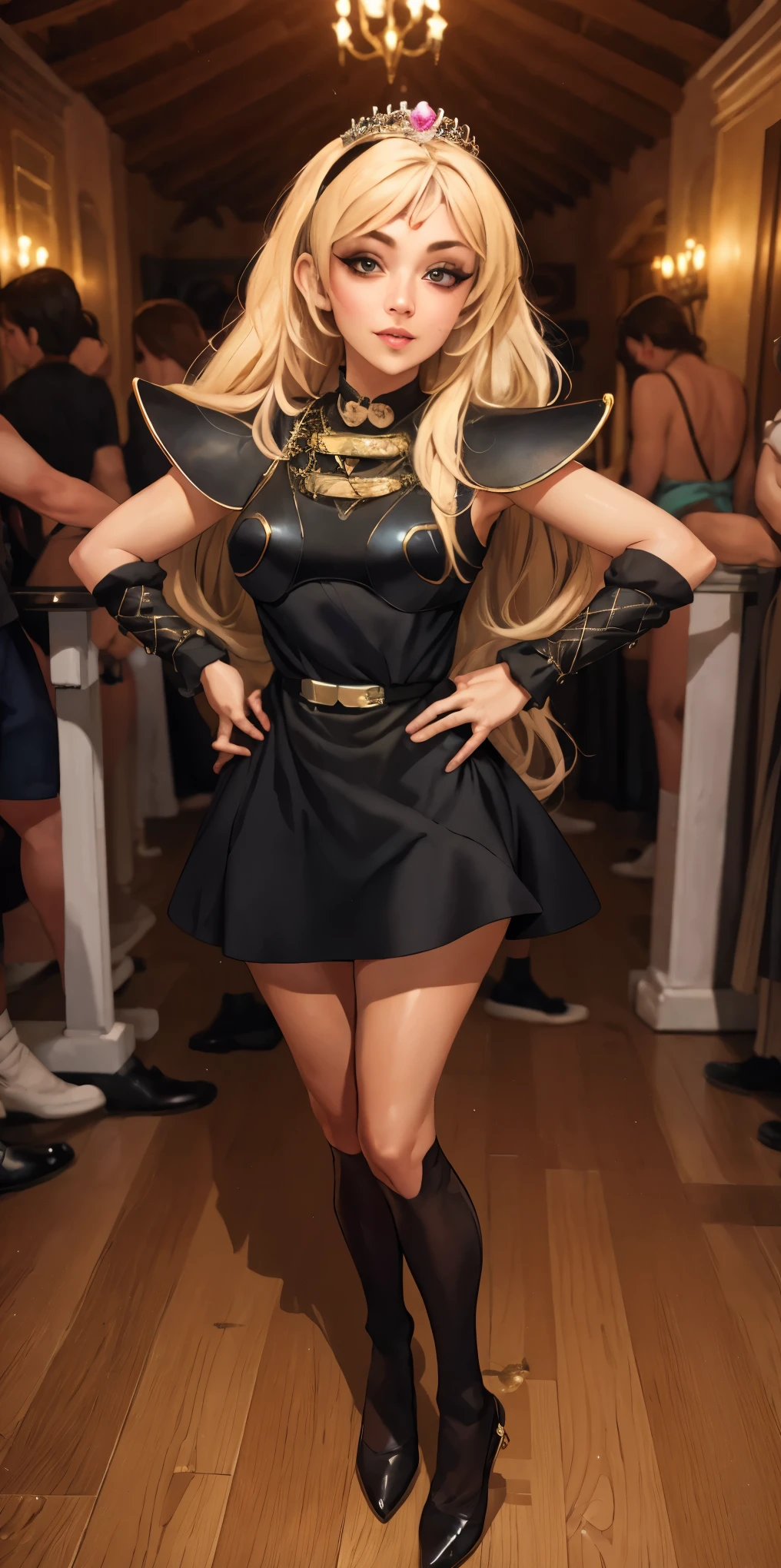 full body standing straight symmetrical, huge cowboy shot, solo 1MILF, lustful smirking smile face, looking at viewer, hands on hips, twintails, twin drills, dress, striped pantyhose, metal handcuffs on their hands with a black maetal slave collar around her neck, cowbell attached to the choker, sleeveless, black stockings, golden tiara
