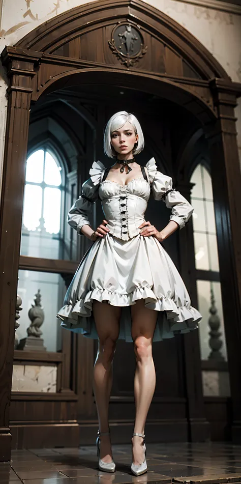 White hair, short bob hair, pinched eyes, thin legs, thin body, leather collar, maid outfit victorian, full body standing symmet...