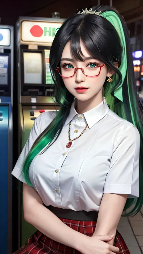 Best image quality, original photo, ultra high resolution, Long ponytail hairstyle，Black hair and green hair, 好看的hair accessorie...