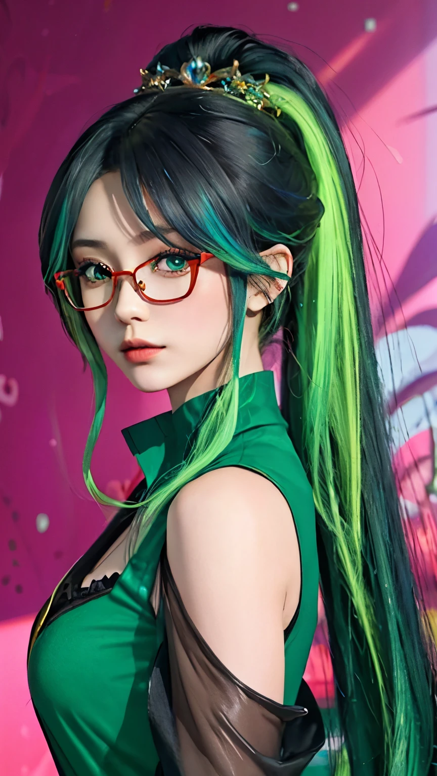 Brightly colored hair and makeup are a popular theme for this woman, anime style 4k, anime art wallpaper 4k, anime art wallpaper 4k, anime art wallpaper 8k, rossdraws cartoon vibrant, Anime style digital art, Rose draws pastel vibrant, Beautiful digital artwork, anime wallpaper 4k, anime wallpaper 4k, digital animation art, Beautiful art ultra hd 4k，facing the camera，Off the shoulders，light green eyes，red glasses，Red half-rim glasses，Long ponytail hairstyle，Black hair and green hair, Good-looking hair accessories，Colorful background（Splash、colorful，oil painting）