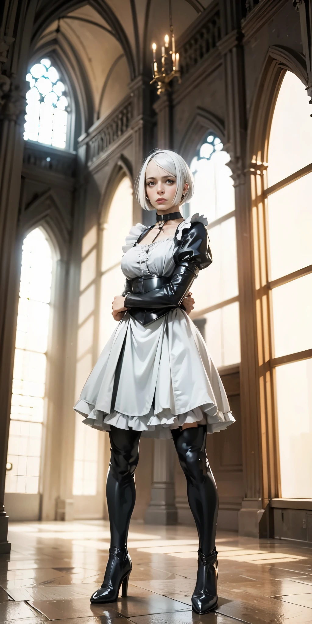 White hair, short bob hair, pinched eyes, thin legs, thin body, leather collar, maid outfit victorian, full body standing symmetrical, hands on hips, wide hips, view from below,
