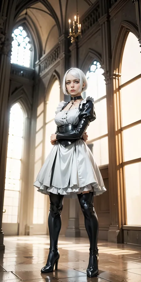 White hair, short bob hair, pinched eyes, thin legs, thin body, leather collar, maid outfit victorian, full body standing symmet...