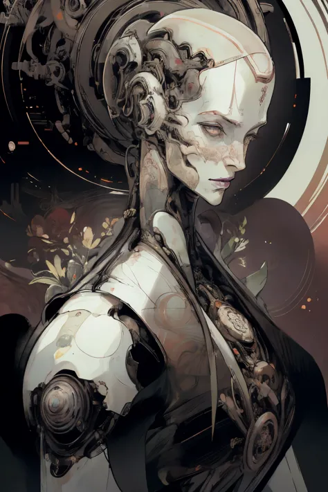 1 female mech, full robot,, pearl_color, (divine pose), floral background, vibrant background, bald, futuristic, detailed, (meth...