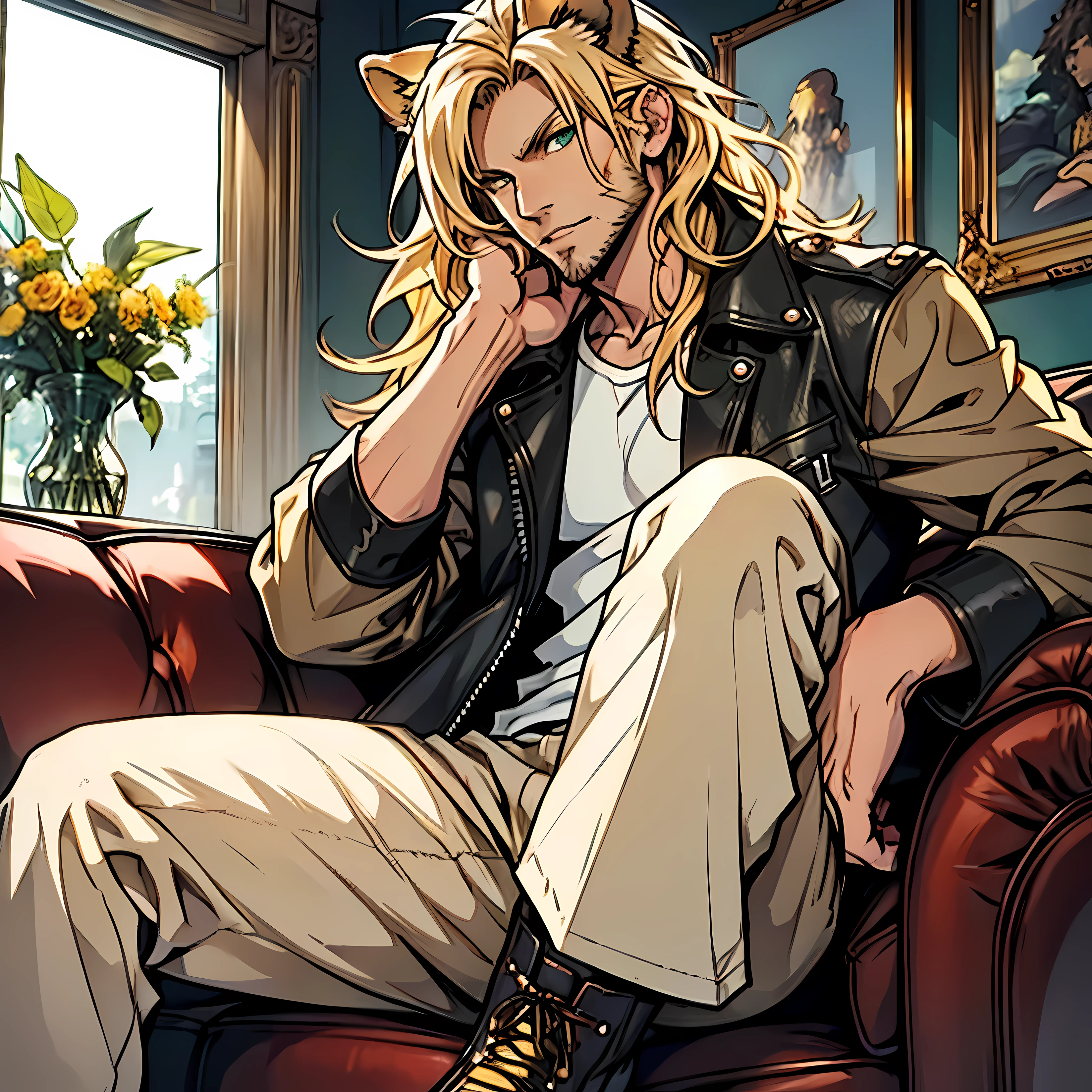 leather jacket, ((one male)), lion ears, long hair, blond, blond hair, green eyes, tall, muscular, white shirt, beautiful face, ((highest quality)), ((masterpiece)), ((2d)), (anime), perfect face, (highest detail), feline eyes, stubble, lion tail, wavy hair, (far shot), ((detailed face)), intricate details, ((sitting on white couch)), white background, black boots