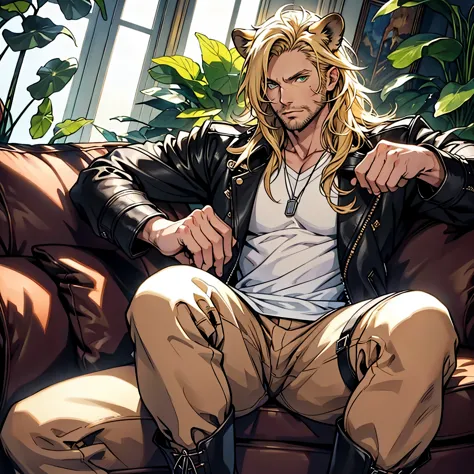 leather jacket, ((one male)), lion ears, long hair, blond, blond hair, green eyes, tall, muscular, white shirt, ((beautiful face...