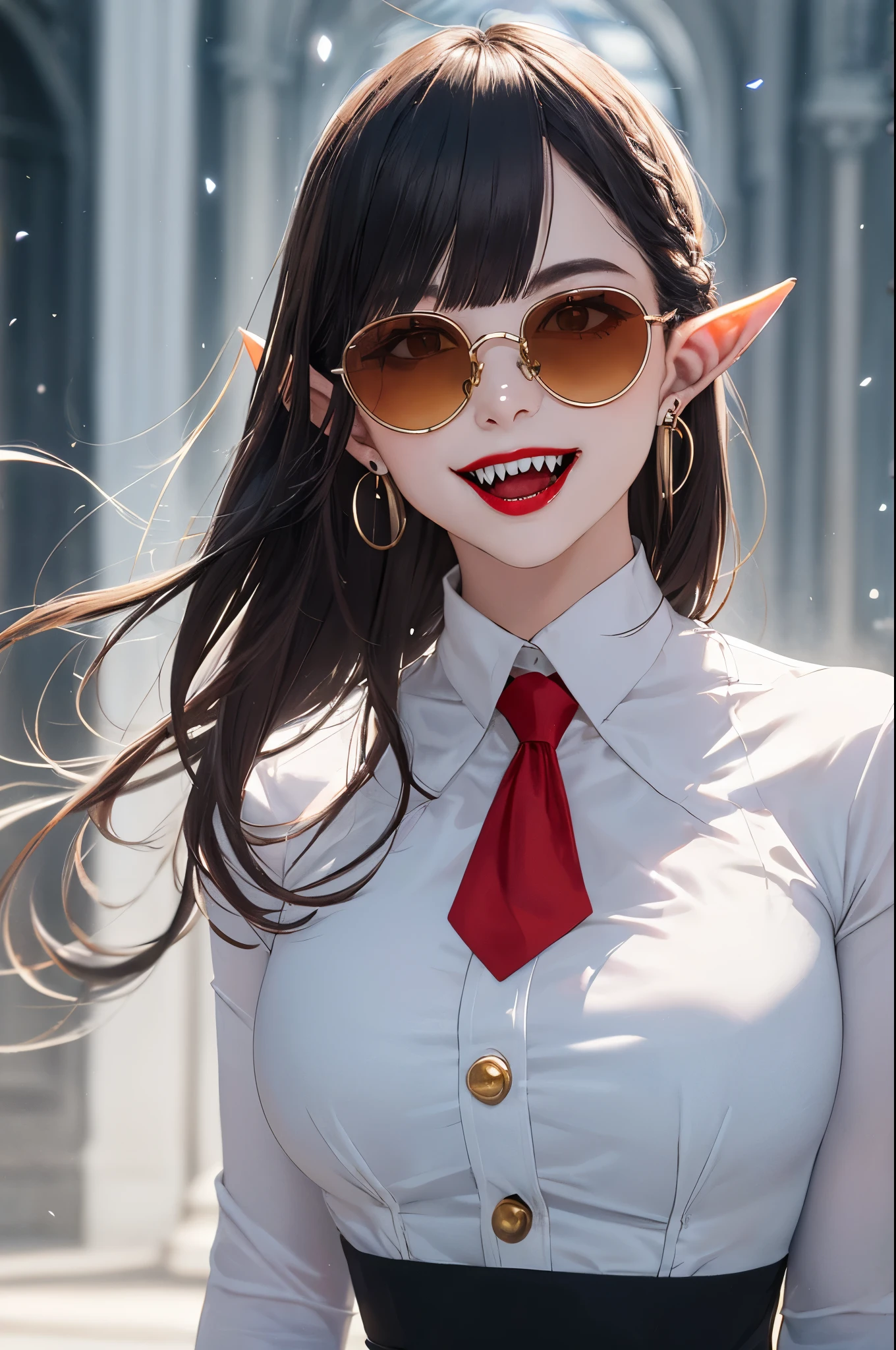 (masterpiece, absurdres, best quality:1.2), 1girl, solo, 1girl, portrait, precise, full body, finely detail, depth of field, shine, highres, original, perfect lighting, colorful, centered, (wearing The butler uniform:1.5), (white shirt, red tie), (black long braided hair, haircut, ring earrings, red lipstick), fantasy castle background, fantasy dungeons, vampire mistress, (pointy ears, pointy teeth, Sharp fangs, vampire teeth:1.35), blunt bangs, (breasts), (glasses, sunglasses, round tinted yellow glasses)