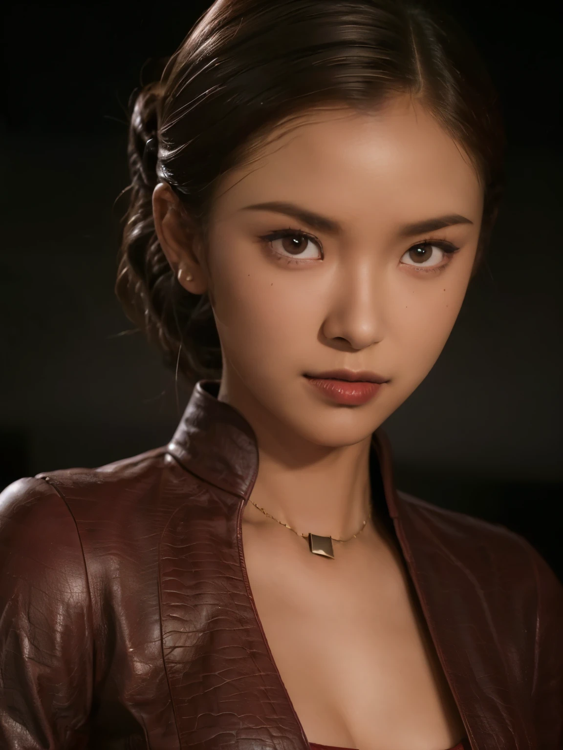 best quality, realistic, black background, KristannaTX, (a female Indonesian supermodel), (wine red leather jacket) (buttoned jacket:1.1), seductive smile, (dark hair), (updo:1.0), perfect eyes, sharp details, detailed face, (face makeup), (cheeks blush), (eyeliner), (eyeshadows), (lip gloss:1.0), cleavage, h cups breasts, (dark), (shadows), (macro photography:1.1)