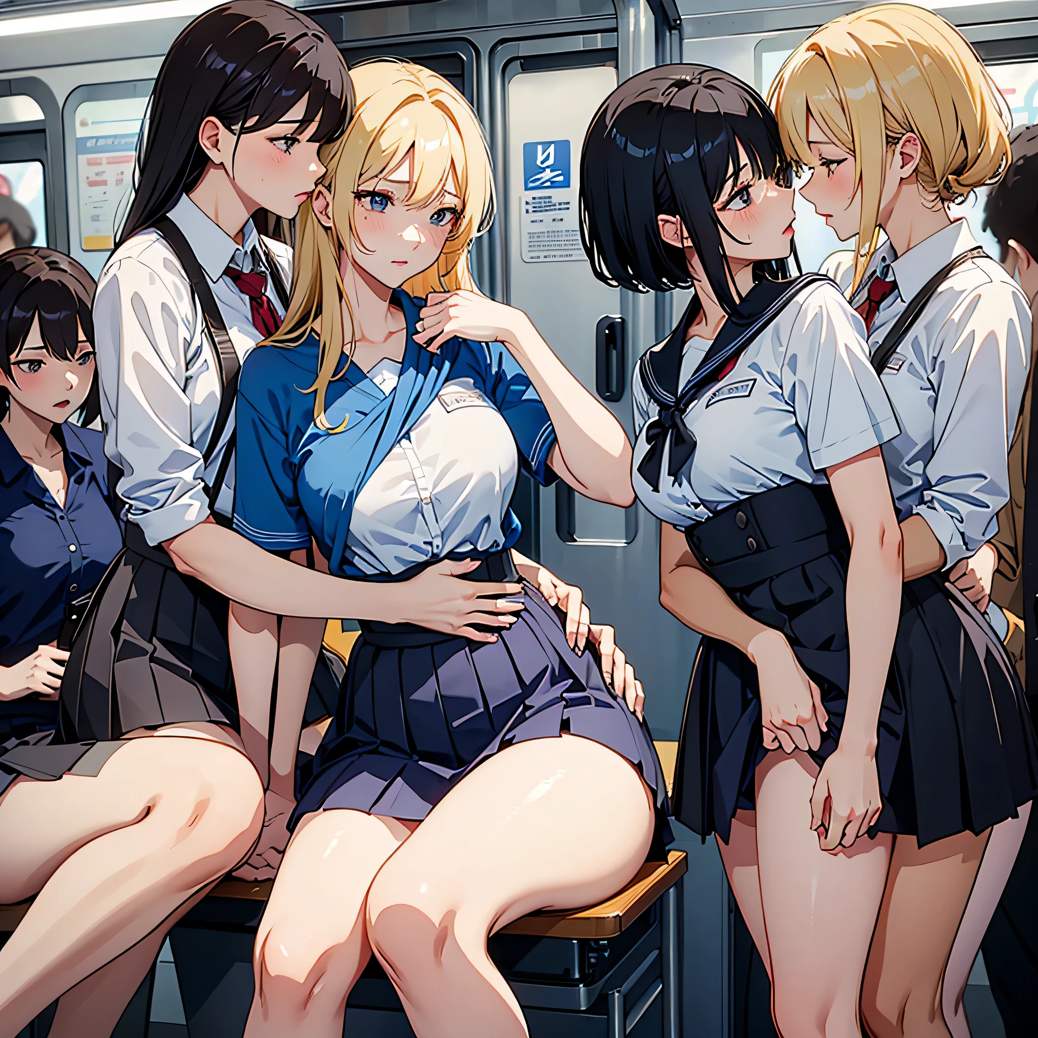 NSFW, Fotorrealista, de primera calidad, Obra maestra, 4 mujeres coreanas , Solo mujeres coreanas, ABSOLUTAMENTE NINGUN HOMBRE, absolutamente ningún hombre, Escenario detallado del interior del tren subterráneo solo para mujeres MUY concurrido, VERY crowded Solo mujeres coreanas subway train interior detailed background, stying insanely hot (mujer 1) usando sexy ((uniforme escolar)), (((falda levantada)), (muslos gruesos), (expresión de miedo), cara sonrojada, (mujer 2) joven sexy, pelo rubio, mirada confusa, mature woman ass groping mujer 1 from behind, mujer 2 touches mujer 1 vagina, young mujer 2 caressing mujer 1 legs, Beso húmedo, beso lésbico,  (((mature woman pressing her chest on mujer 1 back))) y (((sosteniendo su cintura detrás de ella)))