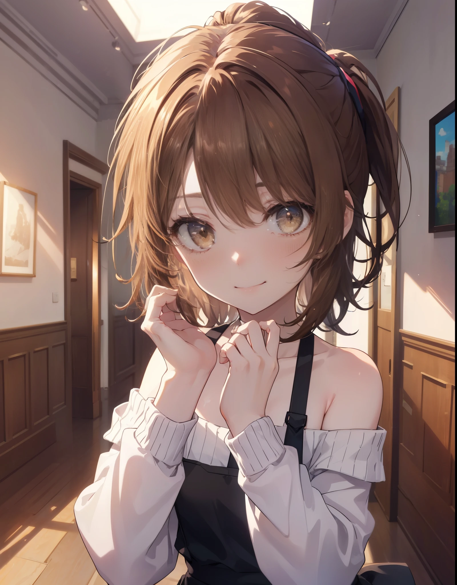 irohaisshiki, Isshiki Iroha, １people々&#39;woman,long hair, brown hair, ponytail,(brown eyes:1.5), smile,brushed off shoulder sweater,long skirt,indoor slippers,apron,entrance,
break indoors,indoor　entrance,
break looking at viewer,
break (masterpiece:1.2), highest quality, High resolution, unity 8k wallpaper, (shape:0.8), (beautiful and detailed eyes:1.6), highly detailed face, perfect lighting, Very detailed CG, (perfect hands, perfect anatomy),