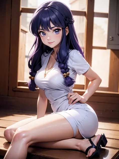 Garota anime sorrindo cabelo purple longo, usando vestido purple sexy, 16 anos, hands in hair, WITH YOUR HANDS BEHIND YOUR HEAD,...
