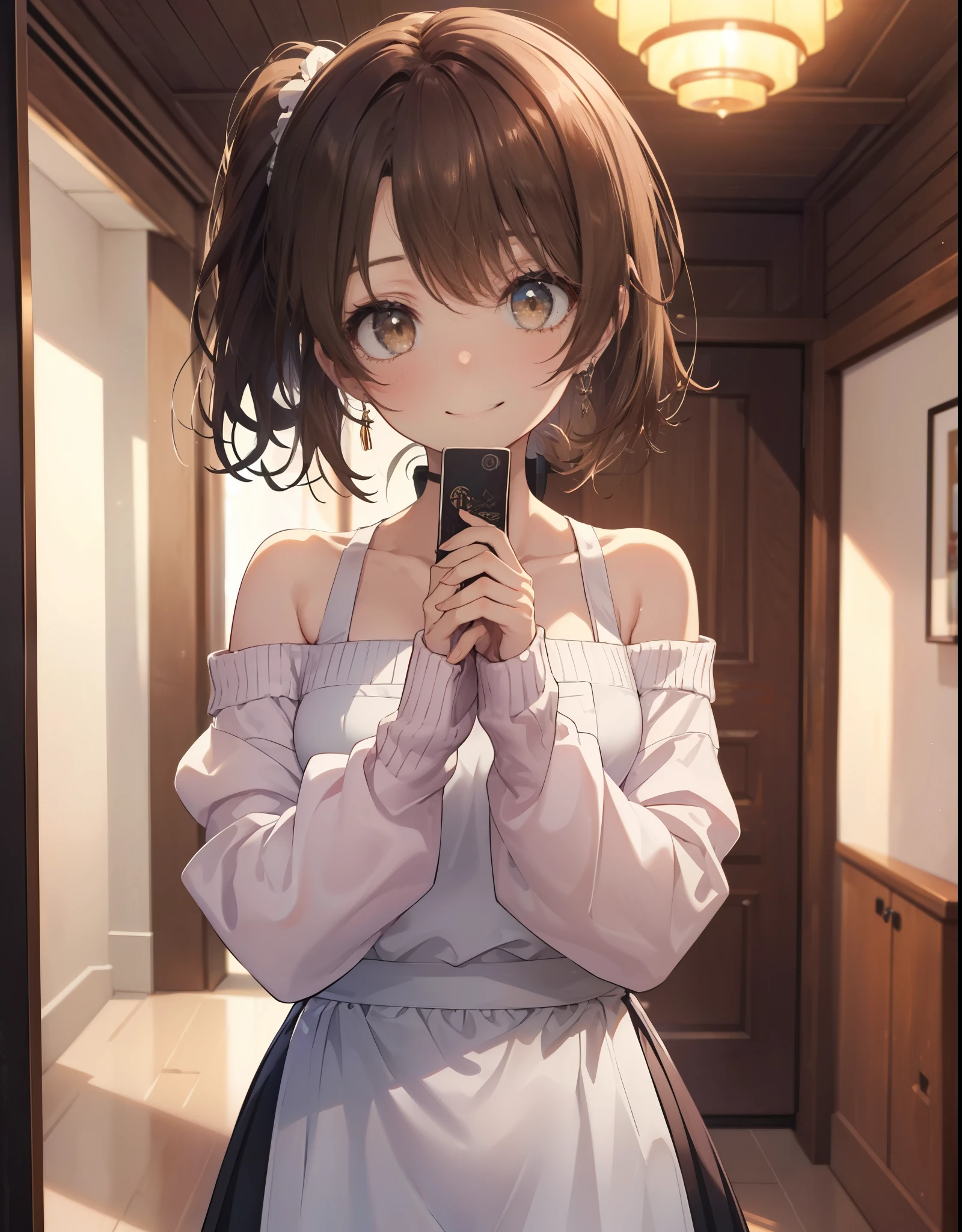 irohaisshiki, Isshiki Iroha, １people&#39;s women,long hair, brown hair, ponytail,(brown eyes:1.5), smile,blush off shoulder sweater,long skirt,indoor slippers,apron,entrance,
break indoors,indoor　entrance,
break looking at viewer,
break (masterpiece:1.2), highest quality, High resolution, unity 8k wallpaper, (figure:0.8), (beautiful and fine eyes:1.6), highly detailed face, perfect lighting, Very detailed CG, (perfect hands, perfect anatomy),