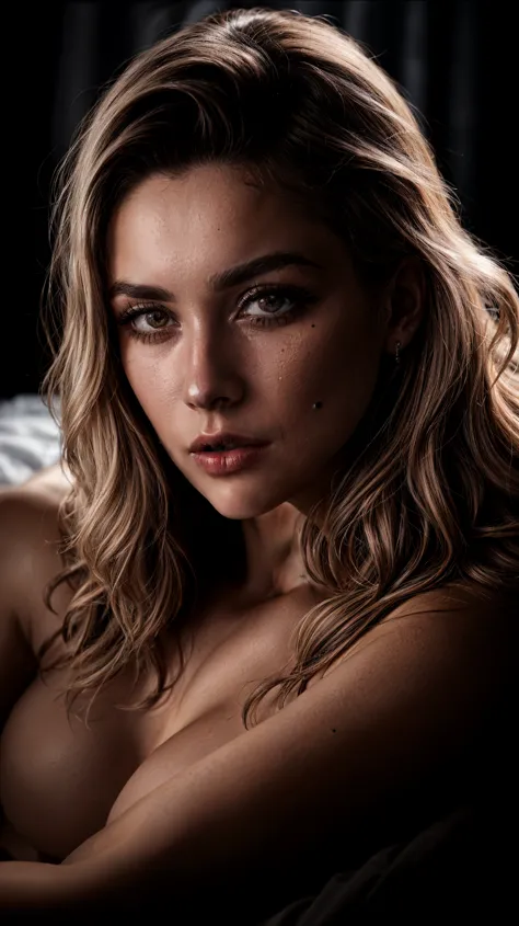 ((ultra realistic)), Photo, High quality, (ultra-detailed face and eyes: 0.9), portrait of a naked thin girl, wavy blonde hair, Detailed eyebrows, (Eye makeup, mascara, eyeliner, long eyelashes), large detailed lips. natural big breasts, a slim body, narro...