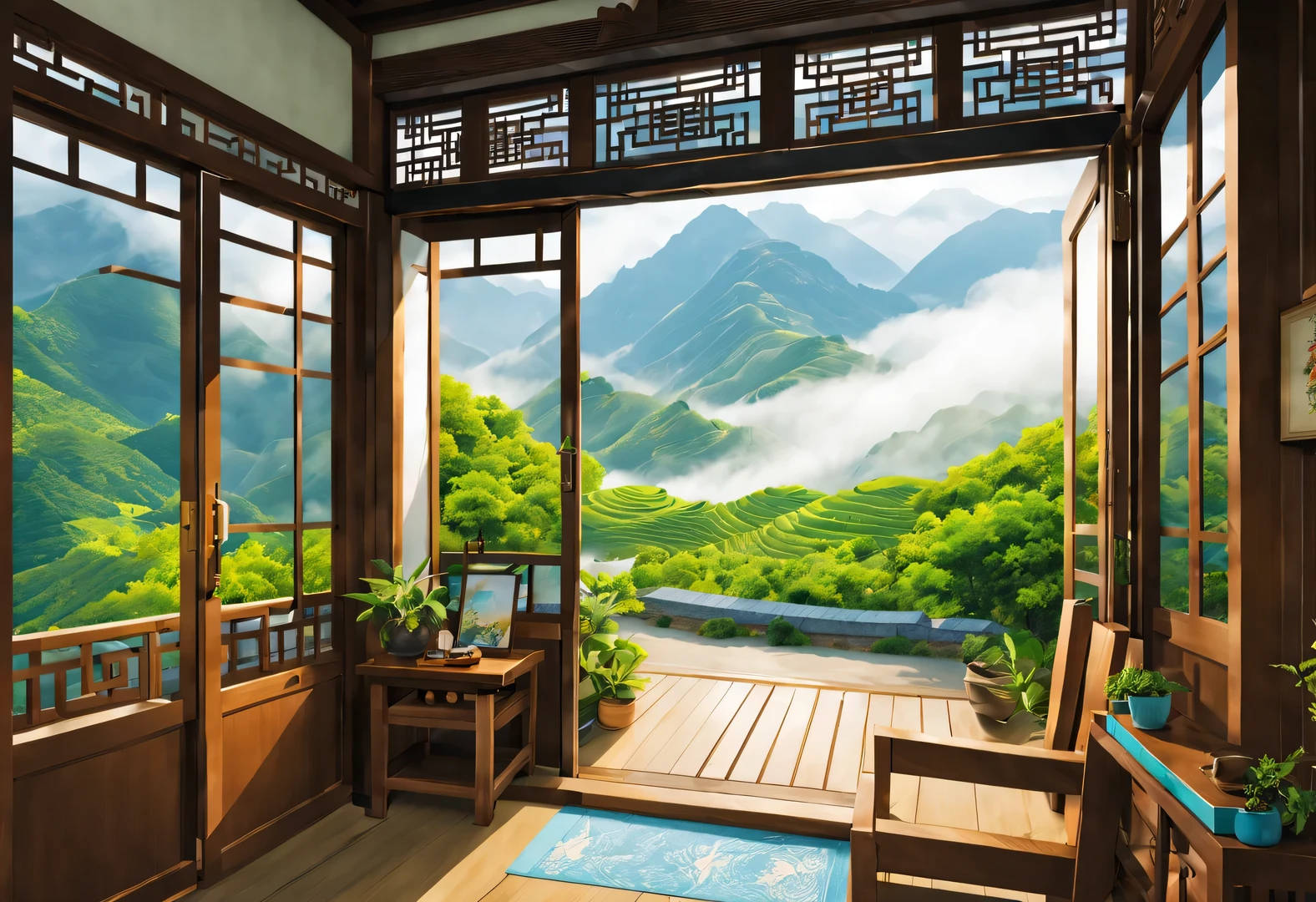 （A lonely commissary on the hillside of a mountain in Yunnan, China），imagine，The commissary is a Chinese-style rural wooden house in a dilapidated courtyard，But very clean and tidy。Faded signs hanging on wooden doors and windows，it says"commissary"There is an old-fashioned wooden chair at the three-word door.，Gives people a sense of age。shrouded in mist，Green mountains and green waters，illustration，aerial photography，panoramic，