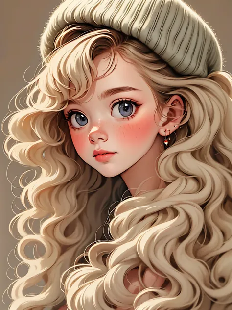 (masterpiece, best quality:1.2), cartoon，1 girl, alone，portrait, fluffy hair, curls, berets，clean background,hand drawn style,pe...